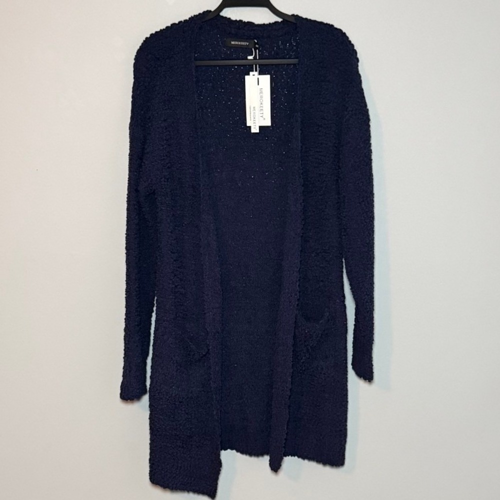 Merokeety Navy Blue Popcorn Knit Cardigan Longline Open Front Sweater Size M NWT